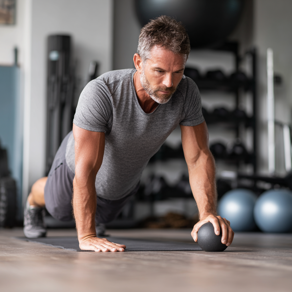 focused man performing controlled mobility exercises