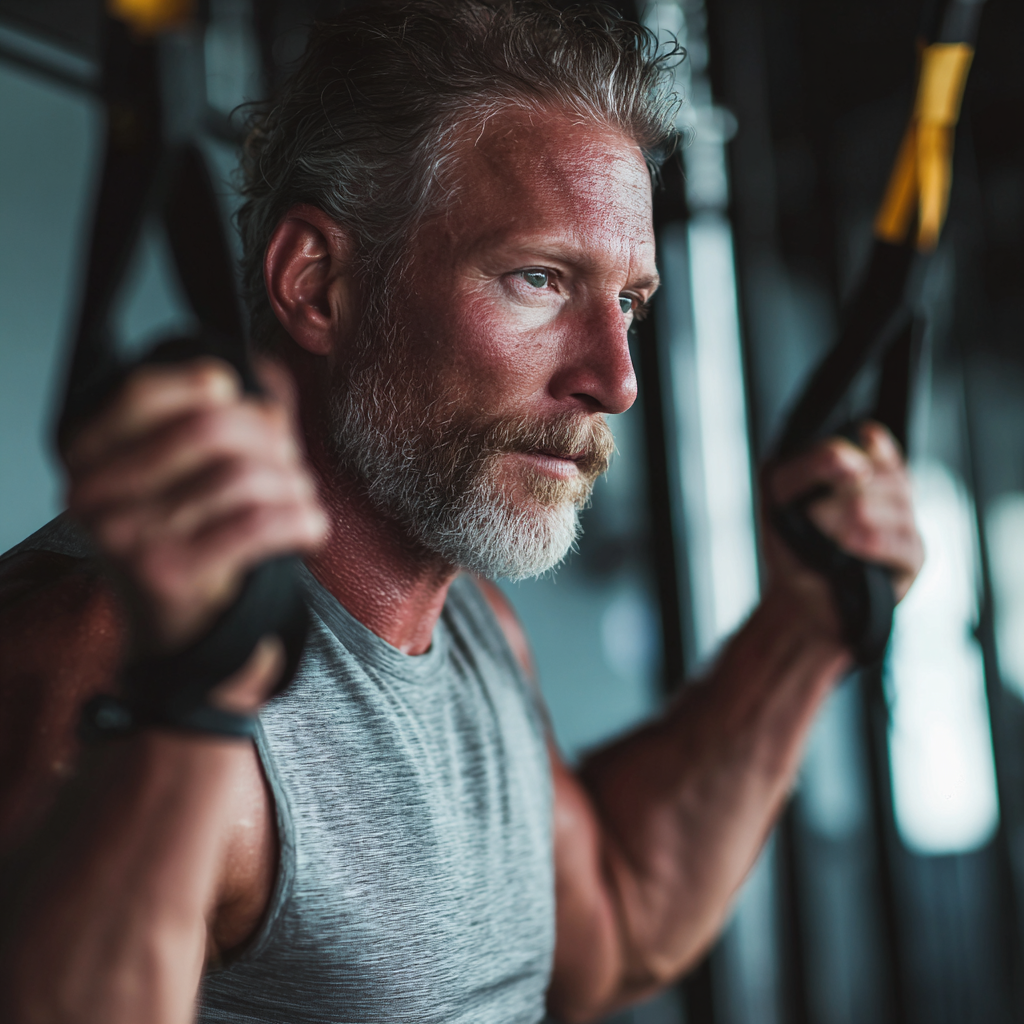 mature man practicing functional training movements indoors